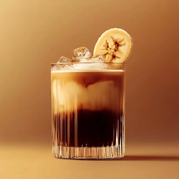 A photo of the Banana Rumba cocktail containing Novo Fogo Chameleon Cachaça, Mr Black Cold Brew Coffee Liqueur, Giffard Banane du Brésil Liqueur, Single cream / half-and-half, Banana (peeled), Angostura Orange Bitters in a Collins.