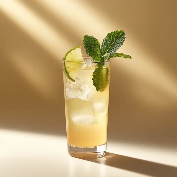 A photo of the Dutch Mule cocktail containing Ketel One Vodka, Bols Genever, Freshly squeezed lime juice, Angostura Aromatic Bitters, Three Cents Ginger Beer in a Collins.