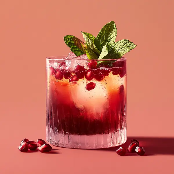 A photo of the Pomegranate Mint Julep cocktail containing Pomegranate juice, Mint leaves, Savage & Cooke Cask Finished Bourbon, Honey syrup, Liber & Co. Real Grenadine in a Old-Fashioned.