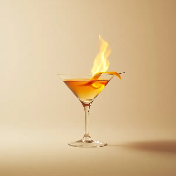 A photo of the Sherry Blazer Martini cocktail containing Orange peel, Ketel One Vodka, Valdespino Inocente Fino Sherry in a Martini.