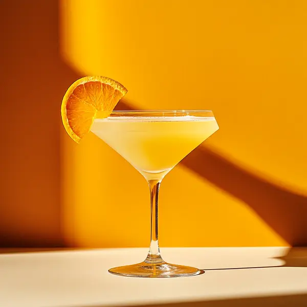 A photo of the Sunset Swizzle cocktail containing Planteray 3 Stars White Rum, Martini & Rossi Rosso Sweet Vermouth, Freshly squeezed orange juice, Freshly squeezed lime juice in a Martini.