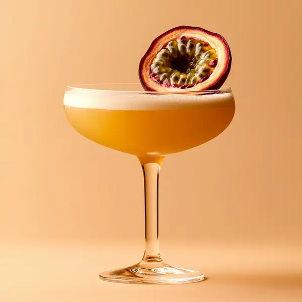 A photo of the Passion Cognac Fizz cocktail containing Passion fruit (fresh fruit), Hennessy V.S. Cognac, Giffard Orgeat Syrup, Angostura Aromatic Bitters, Club soda in a Coupe.