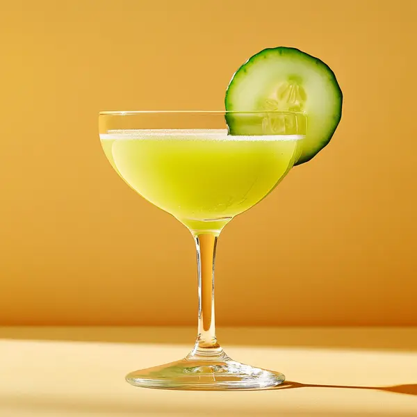 A photo of the Elderflower Tonic cocktail containing English cucumber peeled, Beefeater London Dry Gin, St-Germain Elderflower Liqueur, Pressed apple juice in a Martini.