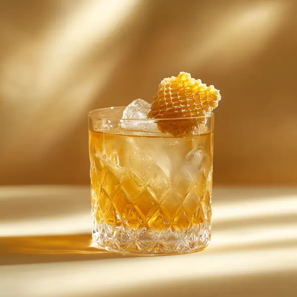 A photo of the Golden Hive Old-Fashioned cocktail containing Flor de Caña 4 Year Old Añejo Oro Rum, Honey water (1:1), Angostura Aromatic Bitters in a Old-Fashioned.