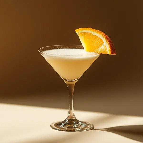 A photo of the Tropical Beak Tango cocktail containing Planteray 3 Stars White Rum, Grand Marnier, Giffard Banane du Brésil Liqueur, Freshly squeezed orange juice, Fresh pressed pineapple juice in a Martini.