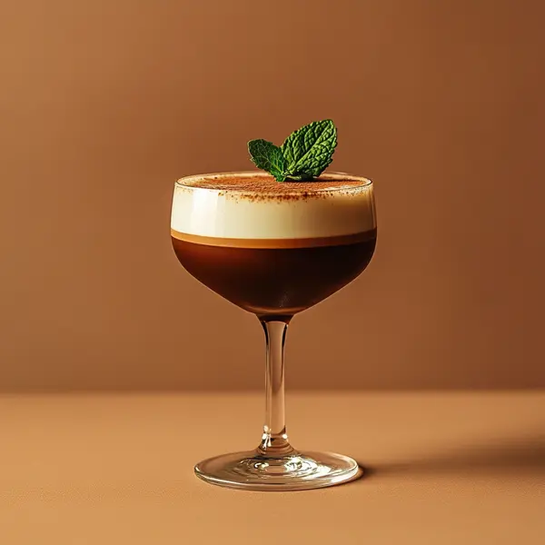 A photo of the Mint Moo-tini cocktail containing Savage & Cooke Cask Finished Bourbon, Giffard Crème de Cacao Liqueur, Fernet-Branca Amaro Liqueur, Chartreuse Green, Single cream / half-and-half, Milk in a Wine.
