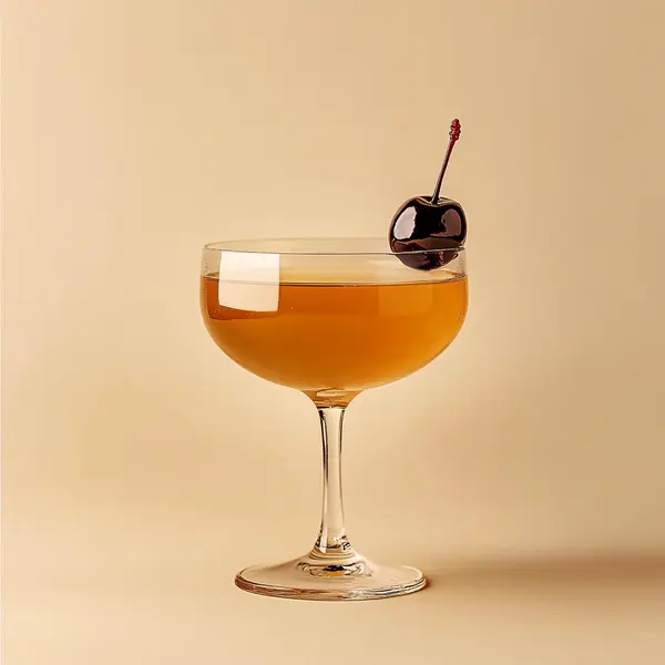 A photo of the Normandy Nightcap cocktail containing Roger Groult 3 Year Reserve Pays D'Auge Calvados, Cardamaro Vino Amaro, Angostura Aromatic Bitters in a Nick & Nora.