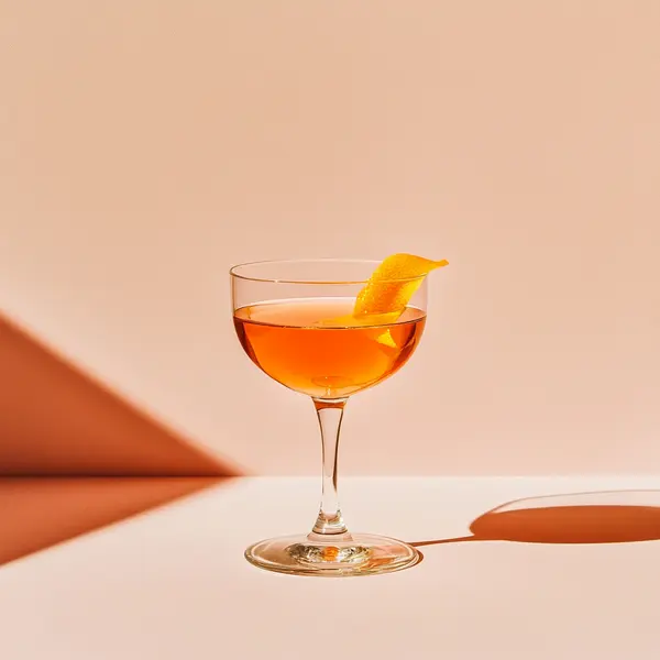 A photo of the Golden Spell Martini cocktail containing Strega Liquore, Martini & Rossi Rosso Sweet Vermouth, Pierre Ferrand Dry Curaçao, Angostura Aromatic Bitters in a Coupe.
