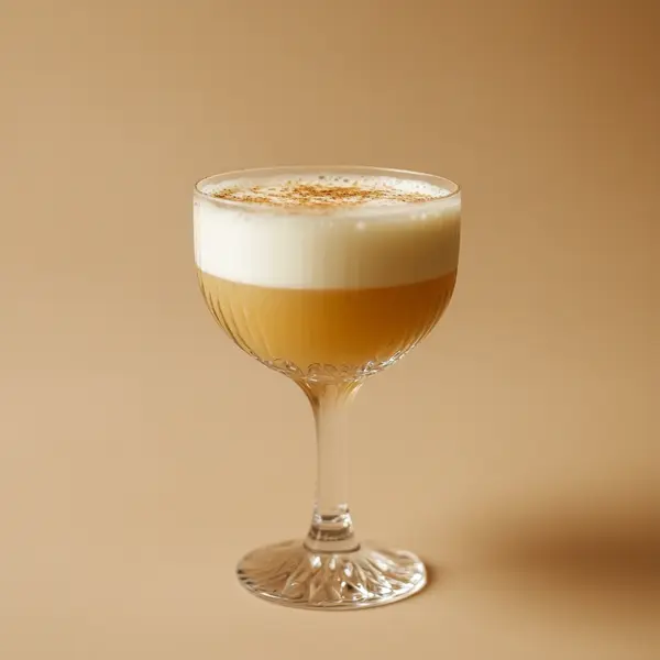 A photo of the Rummy Maple Nog cocktail containing Goslings Black Seal Dark Rum, Roger Groult 3 Year Reserve Pays D'Auge Calvados, Milk (steamed foaming), Maple syrup in a Toddy.