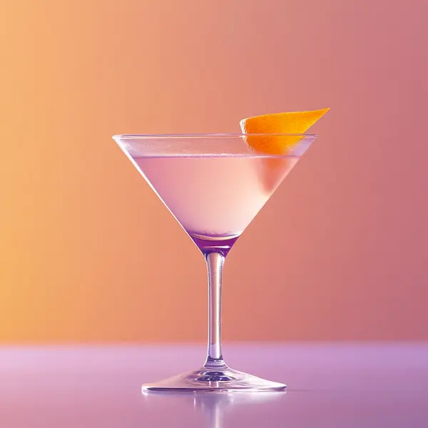 A photo of the Amour-tini cocktail containing Beefeater London Dry Gin, Giffard Crème de Violette Liqueur, Noilly Prat Dry Vermouth, Freshly squeezed orange juice, Chilled water (reduce if wet ice) in a Martini.