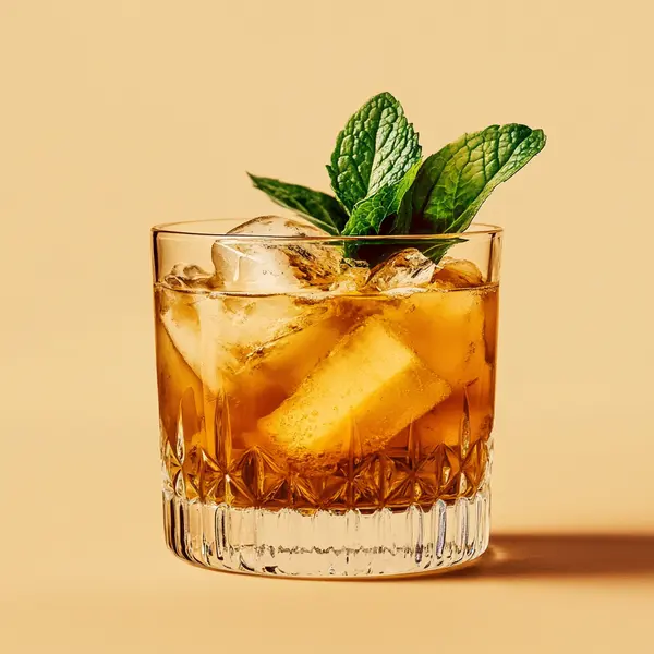 A photo of the Ginger Bourbon Breeze cocktail containing Fresh root ginger (thumbnail sized), Mint leaves, Savage & Cooke Cask Finished Bourbon, Barrow's Intense Ginger Liqueur, Pressed apple juice in a Old-Fashioned.
