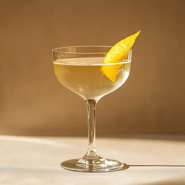 A photo of the Gentian Whisperer cocktail containing Suze Aperitif, Noilly Prat Dry Vermouth, Dolin Blanc Vermouth, Angostura Orange Bitters in a Coupe.