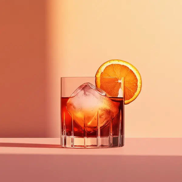 A photo of the Sunset Sloop cocktail containing Smith & Cross Traditional Jamaica Rum, Martini & Rossi Rosso Sweet Vermouth, Campari Aperitivo in a Old-Fashioned.