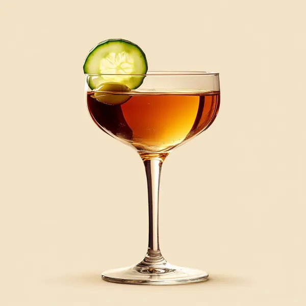 A photo of the Cognac Cucumber Chase cocktail containing Hennessy V.S. Cognac, Dubonnet Rouge, Dansk Mjod Viking Blod Mead, Suze Aperitif in a Coupe.