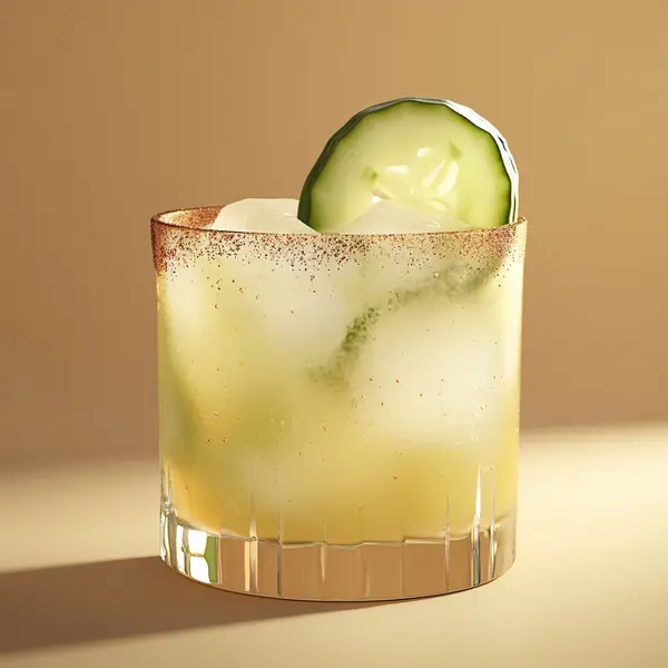A photo of the Cucumber Mezcal Cooler cocktail containing English cucumber peeled, Salt, Del Maguey Vida Mezcal, Suze Aperitif, Liber & Co. Demerara Gum Syrup, Freshly squeezed pink grapefruit juice in a Old-Fashioned.