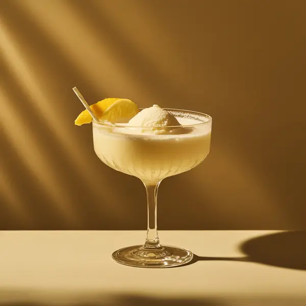 A photo of the Zesty Vanilla Breeze cocktail containing Planteray 3 Stars White Rum, Marie Brizard Crème de Cacao White, Freshly squeezed lemon juice, Vanilla ice-cream in a Coupe.
