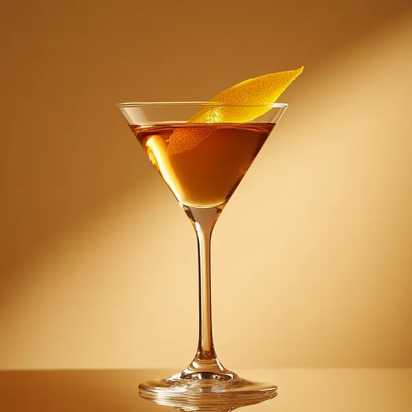 A photo of the Bourbon Twistini cocktail containing Savage & Cooke Cask Finished Bourbon, Noilly Prat Dry Vermouth, Angostura Aromatic Bitters in a Martini.