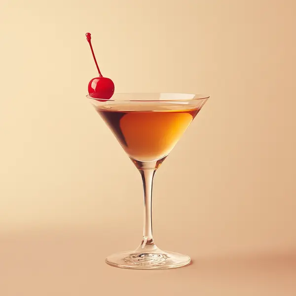 A photo of the Cognac Cherry Royale cocktail containing Hennessy V.S. Cognac, Martini & Rossi Rosso Sweet Vermouth, Angostura Aromatic Bitters, Luxardo Maraschino Liqueur in a Martini.