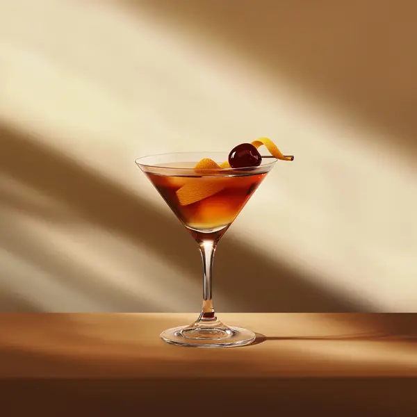 A photo of the Cherry Manhattan Twist cocktail containing Savage & Cooke Cask Finished Bourbon, Martini & Rossi Rosso Sweet Vermouth, Angostura Aromatic Bitters, Maraschino syrup (from cherry jar) in a Martini.
