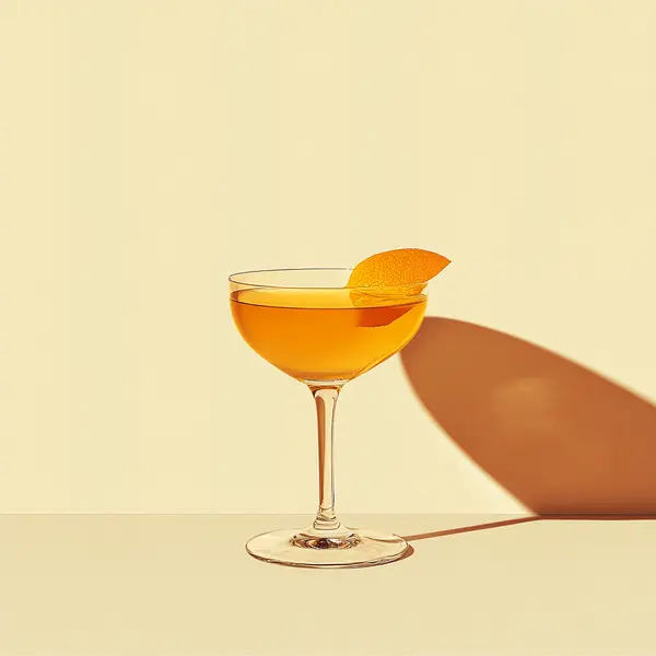 A photo of the Cognac and Genever Glissade cocktail containing Hennessy V.S. Cognac, Bols Genever, Cocchi Americano Bianco, Barley malt syrup (1:1), Angostura Orange Bitters in a Coupe.