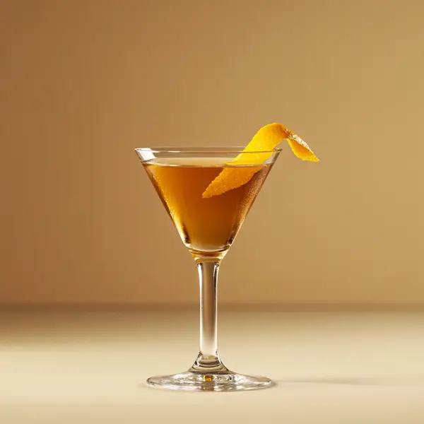 A photo of the Orange Rosso Twirl cocktail containing Beefeater London Dry Gin, Martini & Rossi Rosso Sweet Vermouth, Pierre Ferrand Dry Curaçao, Angostura Orange Bitters in a Martini.