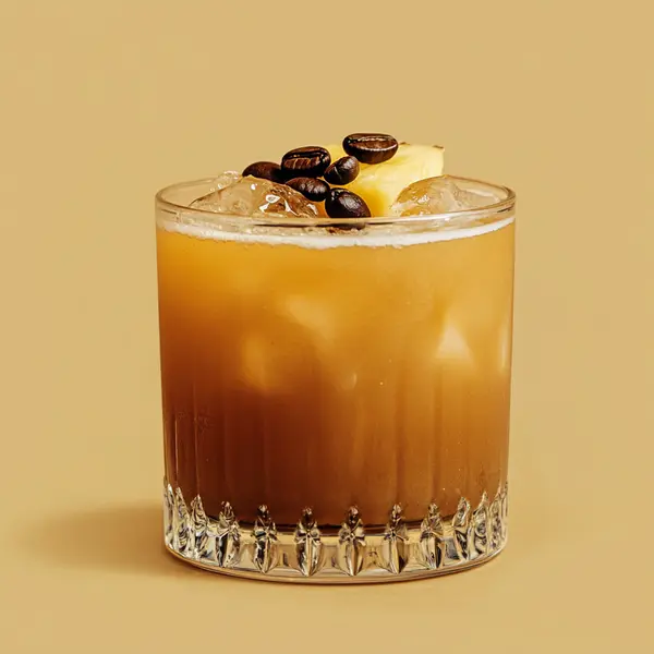 A photo of the Pineapple Wake-Up Call cocktail containing Milagro Reposado Tequila, Mr Black Cold Brew Coffee Liqueur, Fresh pressed pineapple juice in a Old-Fashioned.