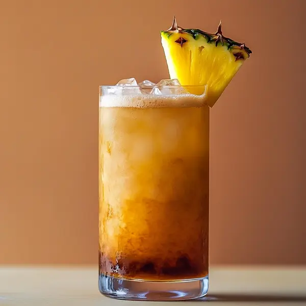 A photo of the Pineapple Sombrero cocktail containing Milagro Reposado Tequila, Mr Black Cold Brew Coffee Liqueur, Fresh pressed pineapple juice, Club soda in a Sling.
