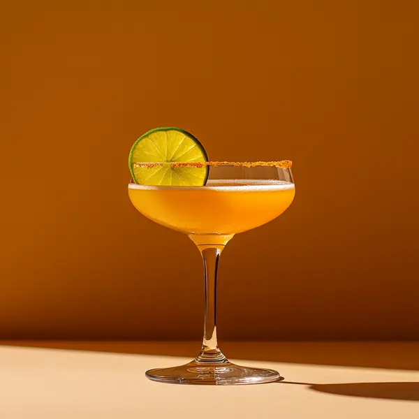 A photo of the Sherry Fiesta cocktail containing Milagro Reposado Tequila, Cointreau Liqueur, Lustau Dry Amontillado Los Arcos, Freshly squeezed lime juice, AquaRiva Organic Agave Syrup, English orange marmalade in a Coupe.