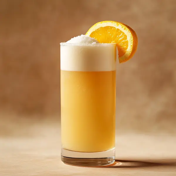 A photo of the Sloe Fizz Spritz cocktail containing Hayman's Sloe Gin, Freshly squeezed lemon juice, Freshly squeezed orange juice, Powdered sugar (or use 5ml of 2:1 sugar syrup per spoon), Fee Brothers Fee Foam Egg White Alternative, Club soda in a Highball.