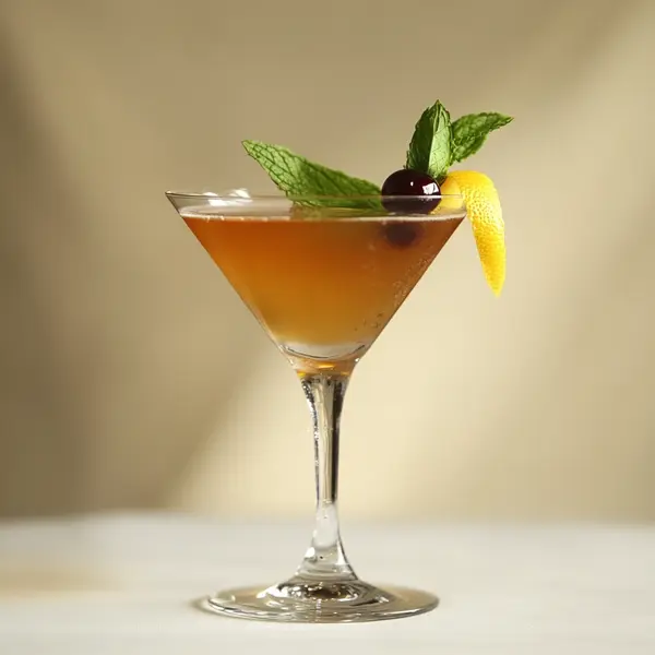 A photo of the Gallant Gatsby cocktail containing Lemon peel, Mint leaves, Hennessy V.S. Cognac, Graham's 10 Year Old Aged Tawny Port, Luxardo Maraschino Liqueur in a Martini.