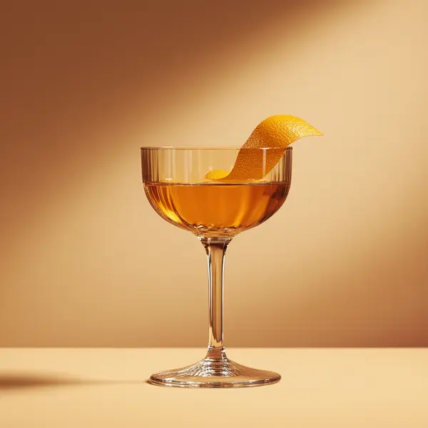 A photo of the Golden Apricot Stir cocktail containing Flor de Caña 4 Year Old Añejo Oro Rum, Baldoria Rosé Vermouth, Giffard Abricot Du Roussillon, Muscovado sugar syrup (2:1), Angostura Orange Bitters in a Coupe.
