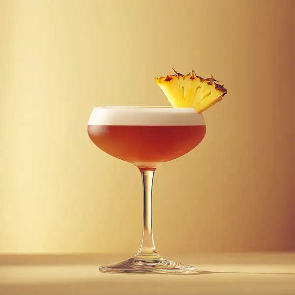 A photo of the Pineapple Pink Fizz cocktail containing Beefeater London Dry Gin, Martini & Rossi Rosso Sweet Vermouth, Fresh pressed pineapple juice, Liber & Co. Real Grenadine, Fee Brothers Fee Foam Egg White Alternative in a Coupe.