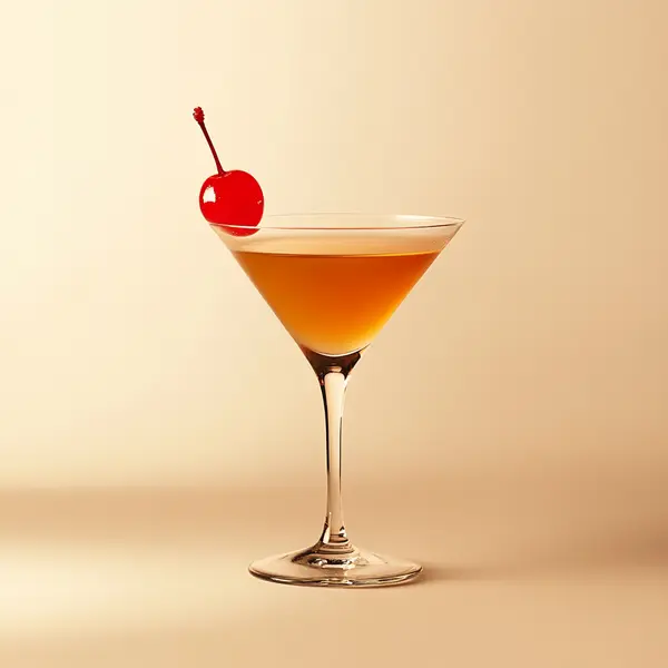 A photo of the Parisian Peach cocktail containing Hennessy V.S. Cognac, Rothman & Winter Orchard Peach Liqueur, Ricard Pastis de Marseille Aperitif, Dubonnet Rouge in a Martini.