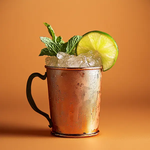 A photo of the Zesty Mule cocktail containing Ketel One Vodka, Freshly squeezed lime juice, Three Cents Ginger Beer in a Copper Mug or Collins.