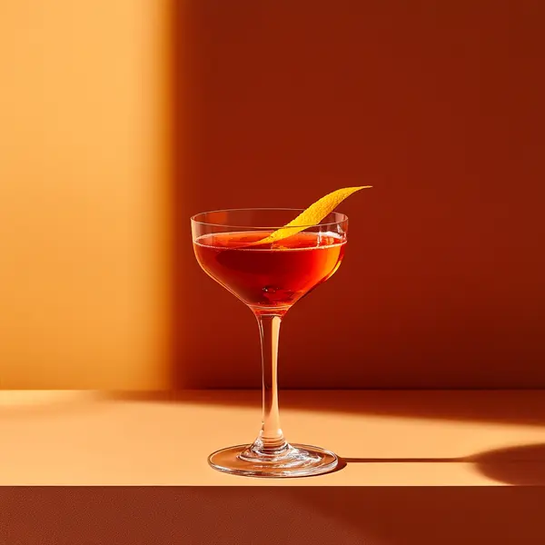 A photo of the Rum Negroni cocktail containing Planteray 3 Stars White Rum, Martini & Rossi Rosso Sweet Vermouth, Campari Aperitivo in a Coupe.