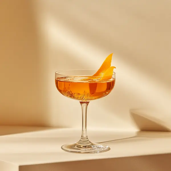 A photo of the Genever Glow cocktail containing Bols Genever, Pierre Ferrand Dry Curaçao, Campari Aperitivo, AquaRiva Organic Agave Syrup in a Coupe.