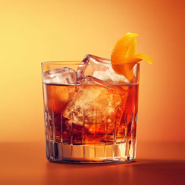 A photo of the Sicilian Sunset Martini cocktail containing Beefeater London Dry Gin, Aperol Aperitivo, Carpano Antica Formula Vermouth, Amaro Averna in a Old-Fashioned.