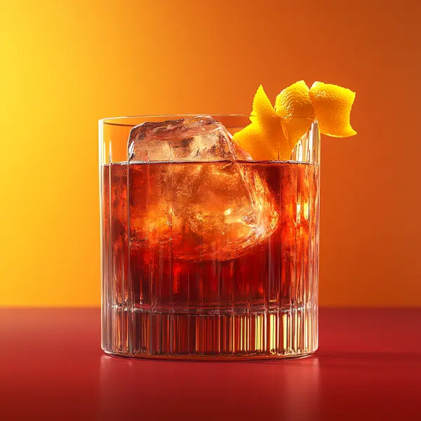 A photo of the Negroni Royale cocktail containing Martini & Rossi Rosso Sweet Vermouth, Campari Aperitivo, Beefeater London Dry Gin, Spumante (or brut champagne) in a Old-Fashioned.