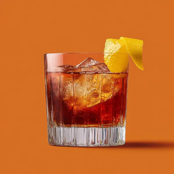 A photo of the Artichoke Negroni cocktail containing Beefeater London Dry Gin, Cynar, Campari Aperitivo, Martini & Rossi Rosso Sweet Vermouth in a Old-Fashioned.