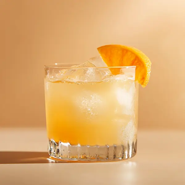 A photo of the Tokaji Sunrise cocktail containing Tokaji Hungarian wine, Ketel One Vodka, Freshly squeezed orange juice, Vanilla extract in a Old-Fashioned.