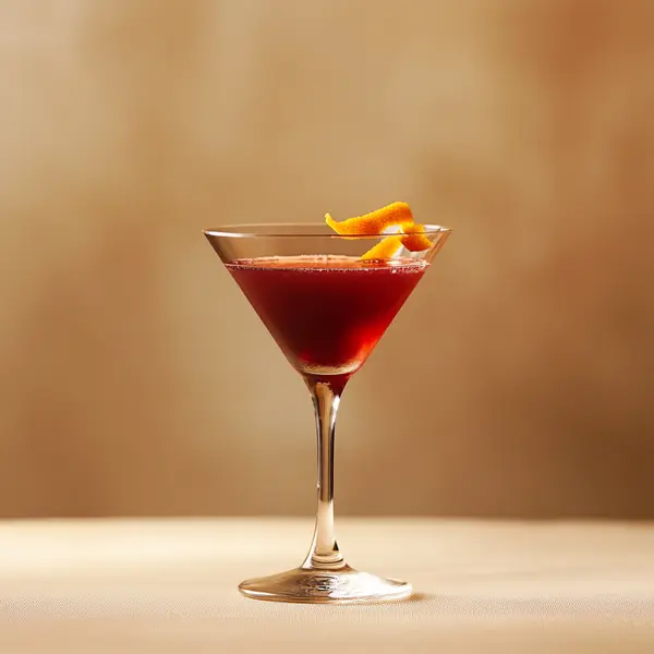 A photo of the Cranberry Calva-Twist cocktail containing Roger Groult 3 Year Reserve Pays D'Auge Calvados, Grand Marnier, Cranberry juice in a Martini.