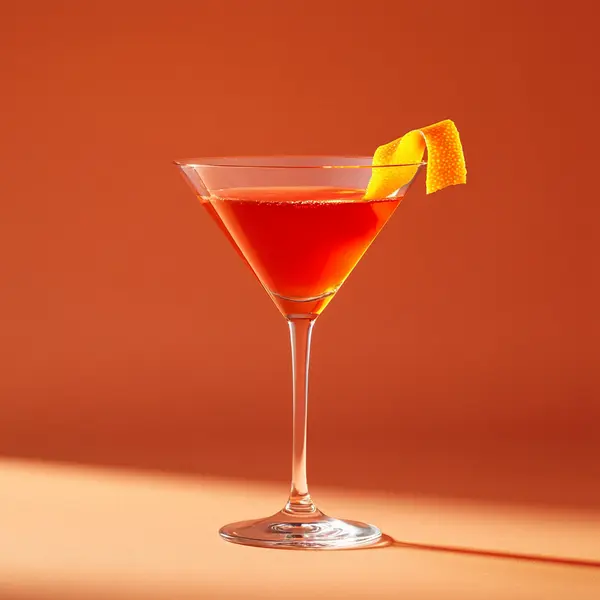 A photo of the Sunset Sour Martini cocktail containing Beefeater London Dry Gin, Giffard Triple Sec, Martini & Rossi Rosso Sweet Vermouth, Campari Aperitivo, Freshly squeezed orange juice in a Martini.