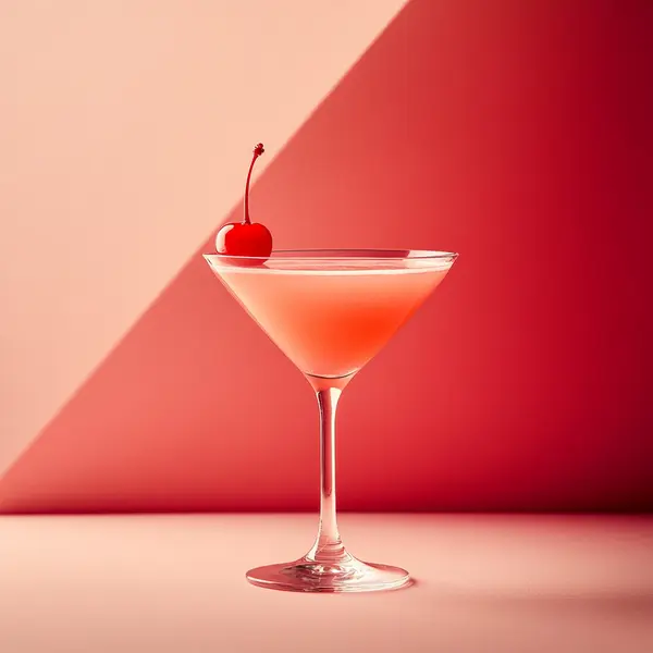 A photo of the Rosy Rutte Martini cocktail containing Beefeater London Dry Gin, Martini & Rossi Rosso Sweet Vermouth, Freshly squeezed pink grapefruit juice in a Martini.