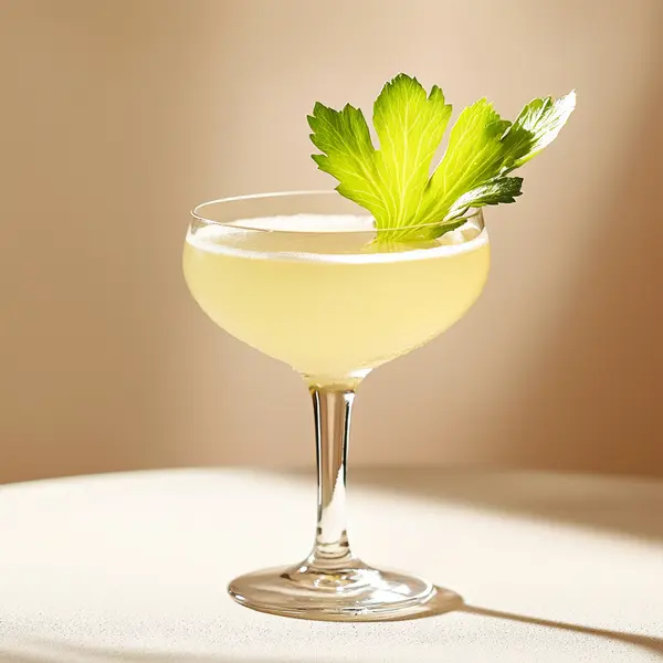 A photo of the Celery Swing cocktail containing Freshly extracted celery juice, Planteray 3 Stars White Rum, Dolin Blanc Vermouth, Valdespino Inocente Fino Sherry, St-Germain Elderflower Liqueur in a Coupe.