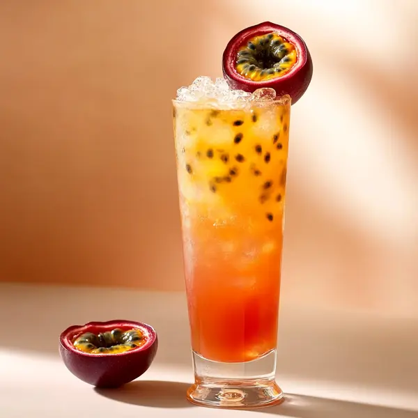 A photo of the Passionate Puncher cocktail containing Passion fruit (fresh fruit), Ketel One Vodka, Chinola Passion Fruit Liqueur, Cranberry juice in a Collins.