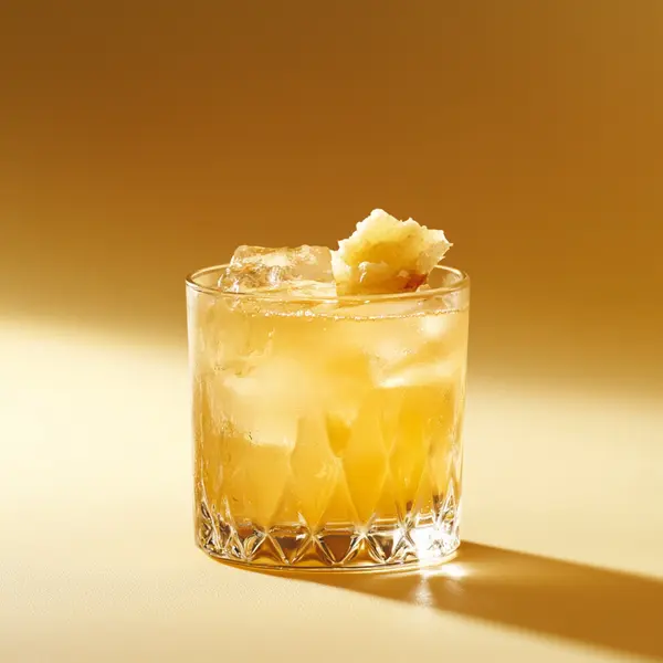 A photo of the Highland Honey Ginger cocktail containing Honey water (3 honey to 1 water), Ardbeg 10 Year Islay Single Malt Scotch, Compass Box Great King Street Artist's Blend Scotch, Barrow's Intense Ginger Liqueur, Freshly squeezed lemon juice in a Old-Fashioned.