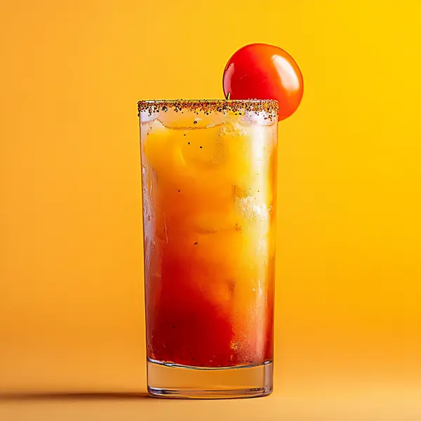 A photo of the Spicy Sunrise Mary cocktail containing St. George Green Chile Vodka, Yellow bell pepper juice, Tomato juice, Freshly squeezed lemon juice, Hot pepper sauce, Worcestershire sauce in a Collins.
