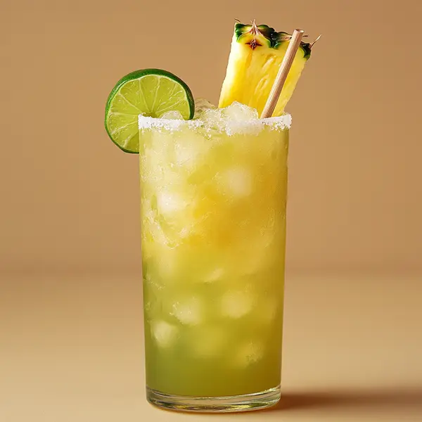 A photo of the Pineapple Lime Samba cocktail containing Fresh lime (chopped wedges), Caster sugar, Pineapple (fresh), Novo Fogo Chameleon Cachaça in a Highball.
