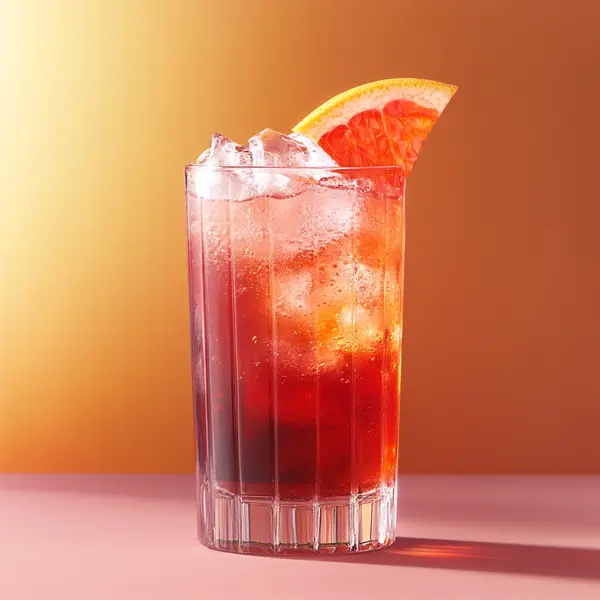 A photo of the Rosy Boulevardier Fizz cocktail containing Martini & Rossi Rosso Sweet Vermouth, Campari Aperitivo, Three Cents Pink Grapefruit Soda in a Collins.