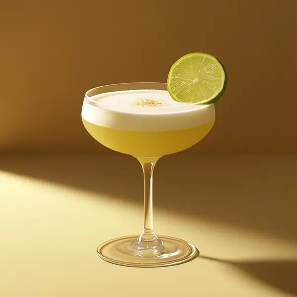 A photo of the Pisco Bliss cocktail containing Freshly squeezed lime juice, Powdered sugar, 1615 Pisco Puro Quebranta, Fee Brothers Fee Foam Egg White Alternative in a Goblet.